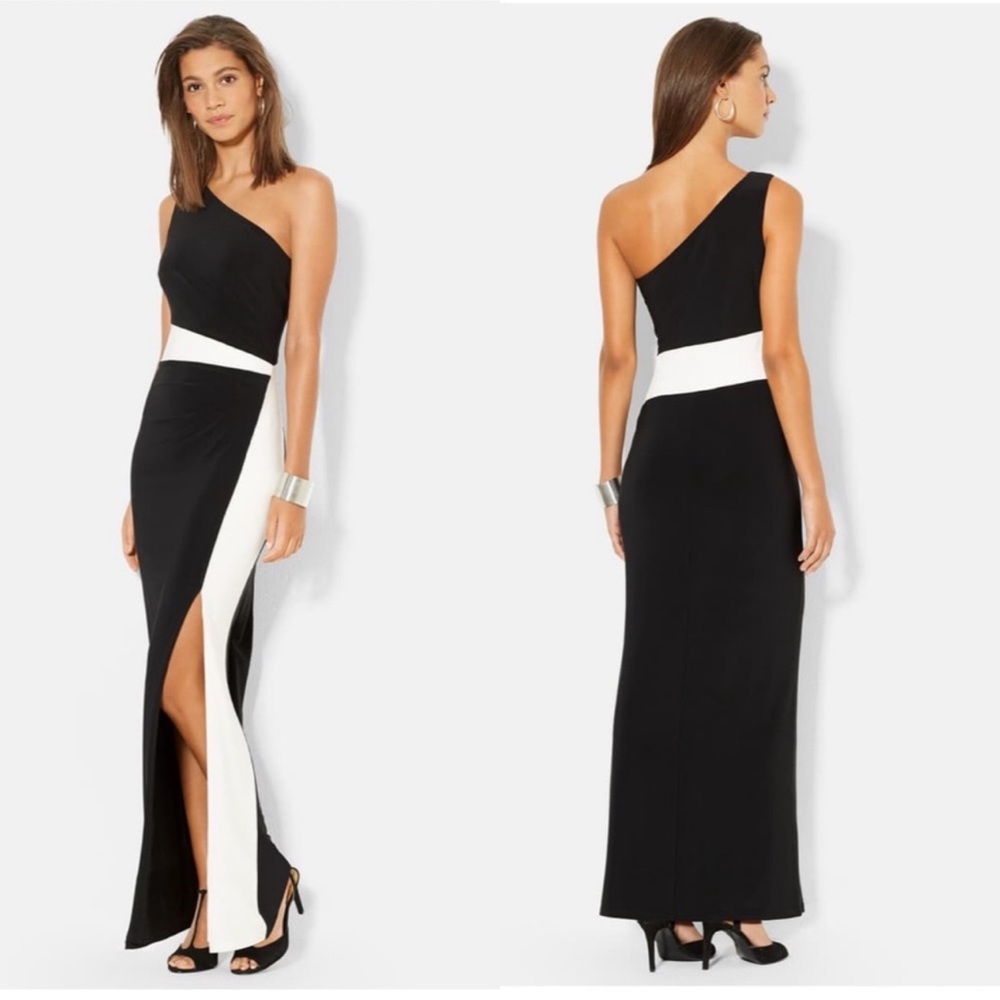 NWT Ralph Lauren Black & White One Shoulder Gown